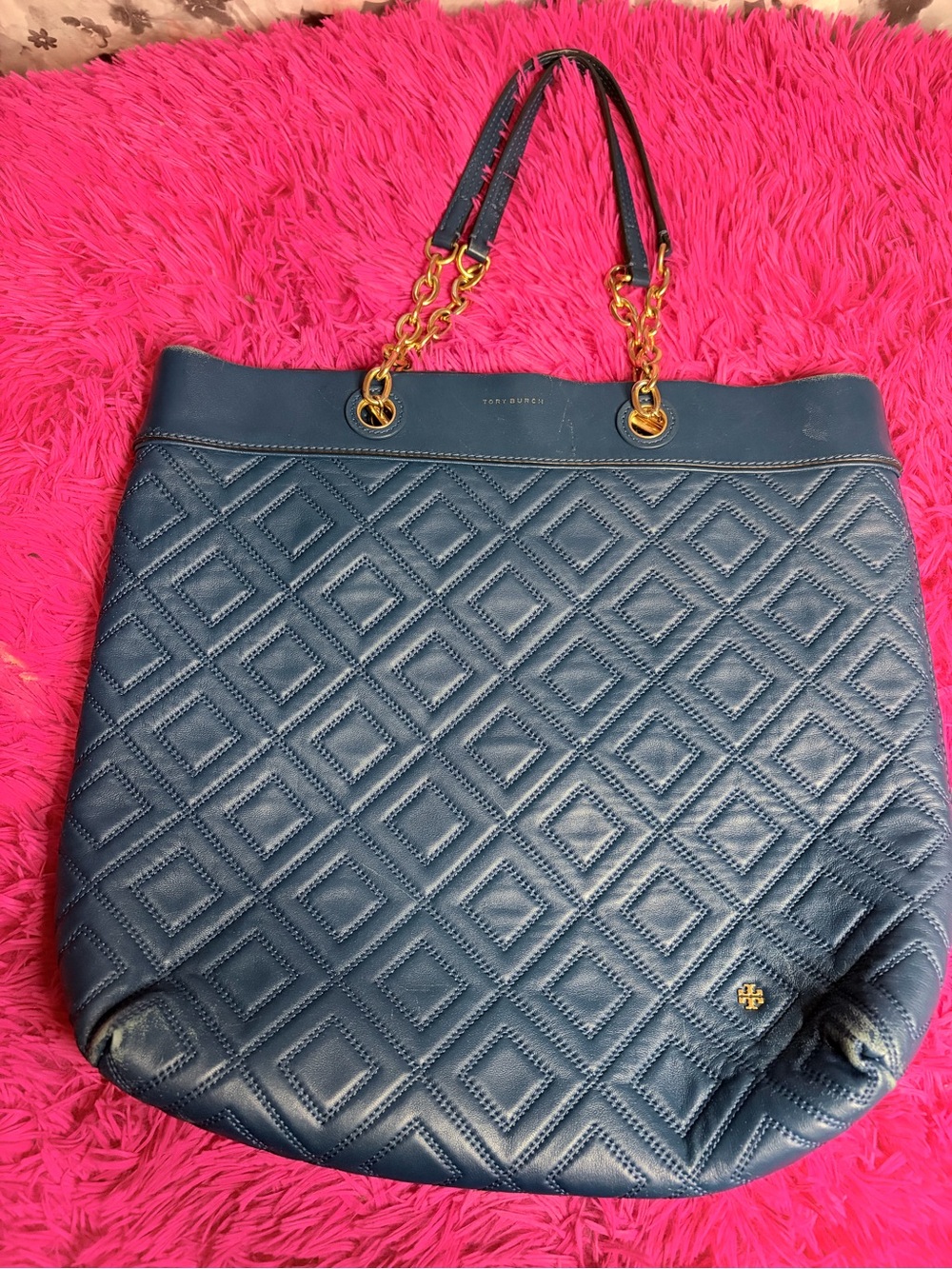 Tory Burch Quilted Navy Leather Tote Bag with Gold Chain Handles